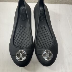 CROCS Women's  Black Ballet Slip On Flats Silver Medallion Size 8